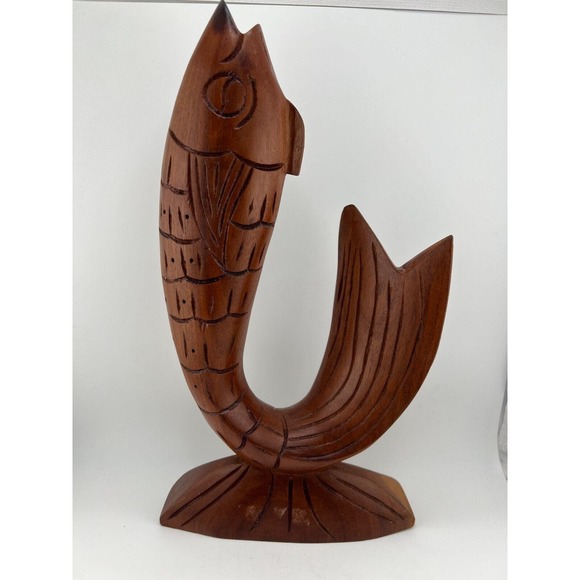 Vintage Hand Carved Brown Wooden Home‎ Decorative Fish Sculpture Animal Figurine - Picture 4 of 10